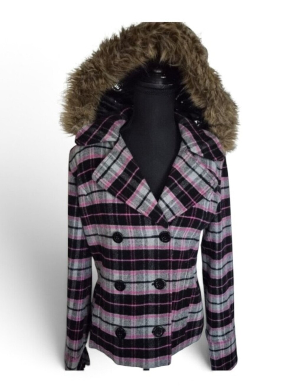 Victoria's Secret PINK Wool Plaid Peacoat with Removable Faux Fur Hood- Small
